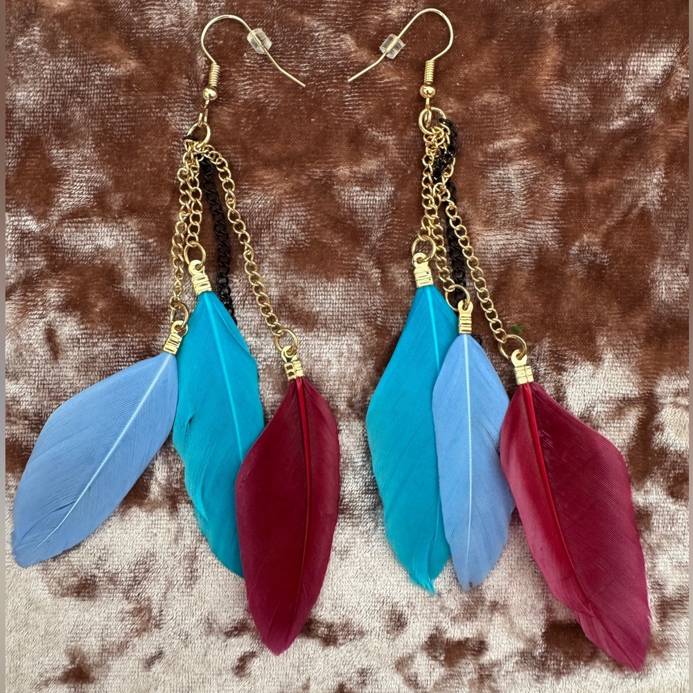Multicolor Feather Boho Earrings with Gold and Black Chains